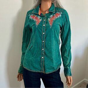 ROAR Western Embroidered Rhinestone Pearl Snap Shirt Roll Tab Sleeves Sz Medium